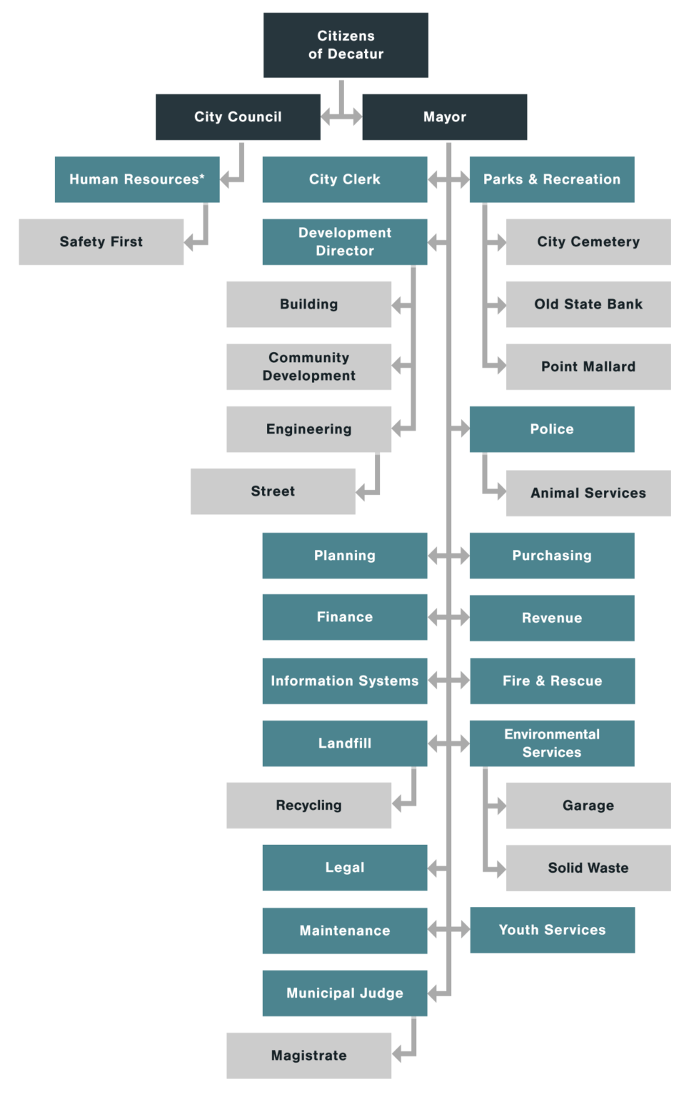 Graphic depicting the organizational chart for the City of Decatur.